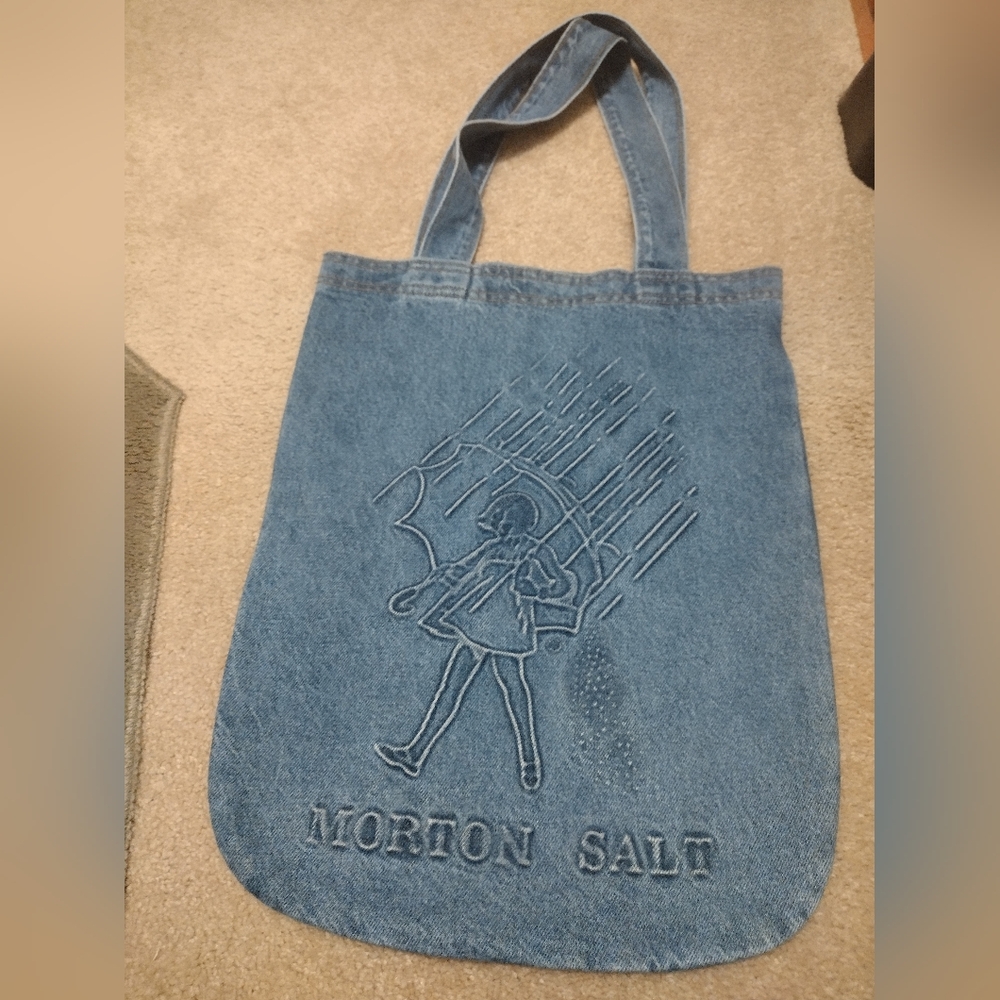 Vintage Morton Salt Made USA Denim Tote Raised Picture of Salt Girl
